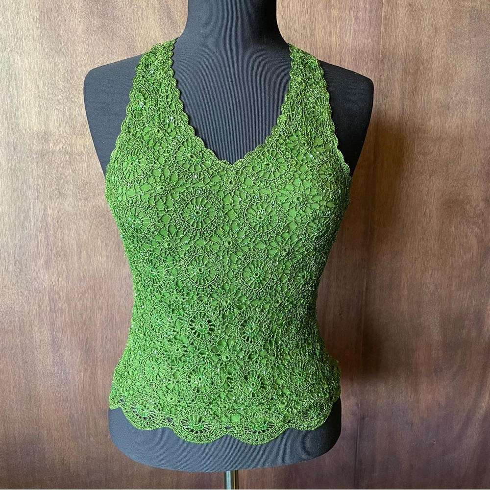 Y2K Beaded Crochet Lace Green Tank top